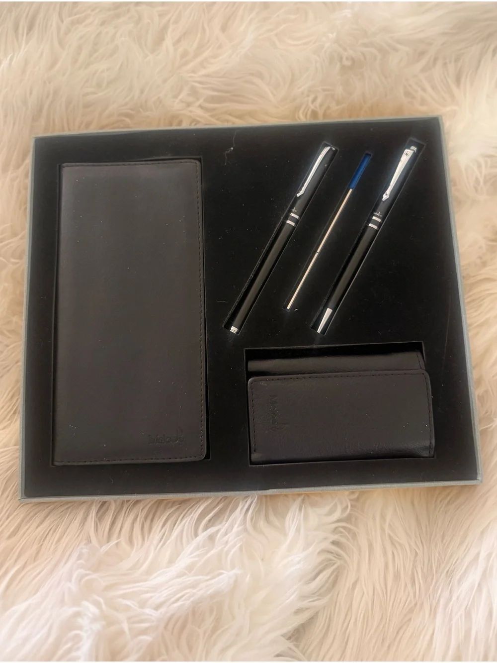 Black Leather Wallet & Card Case Gift Set with Black Pens